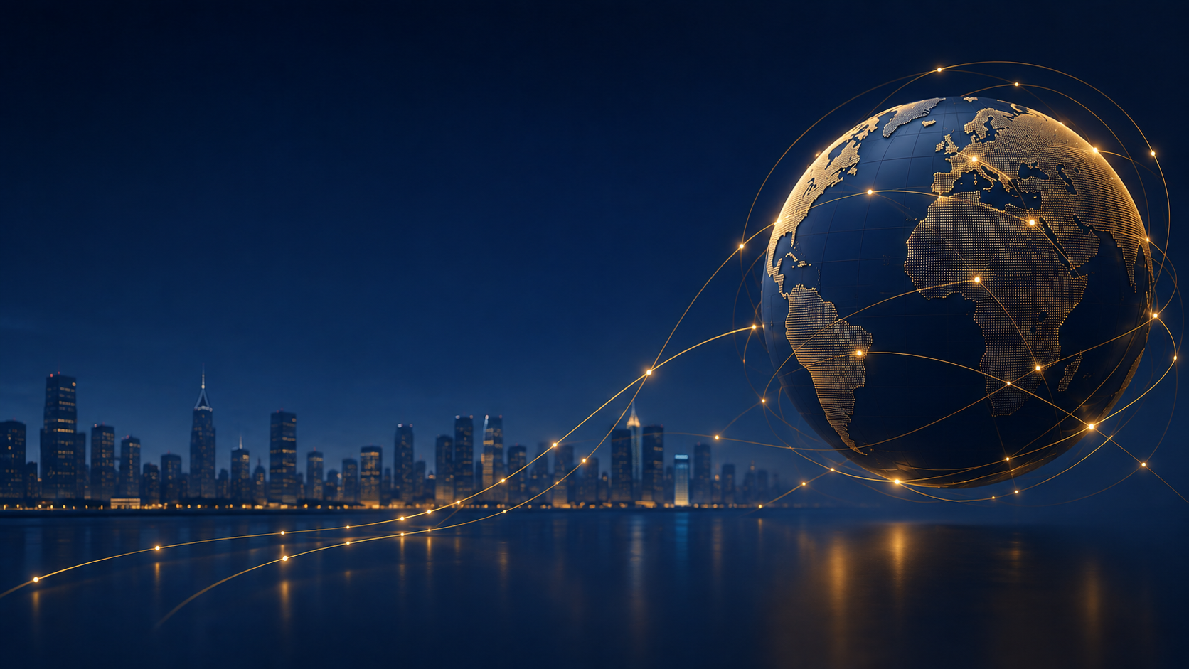 Connected globe above an international city skyline