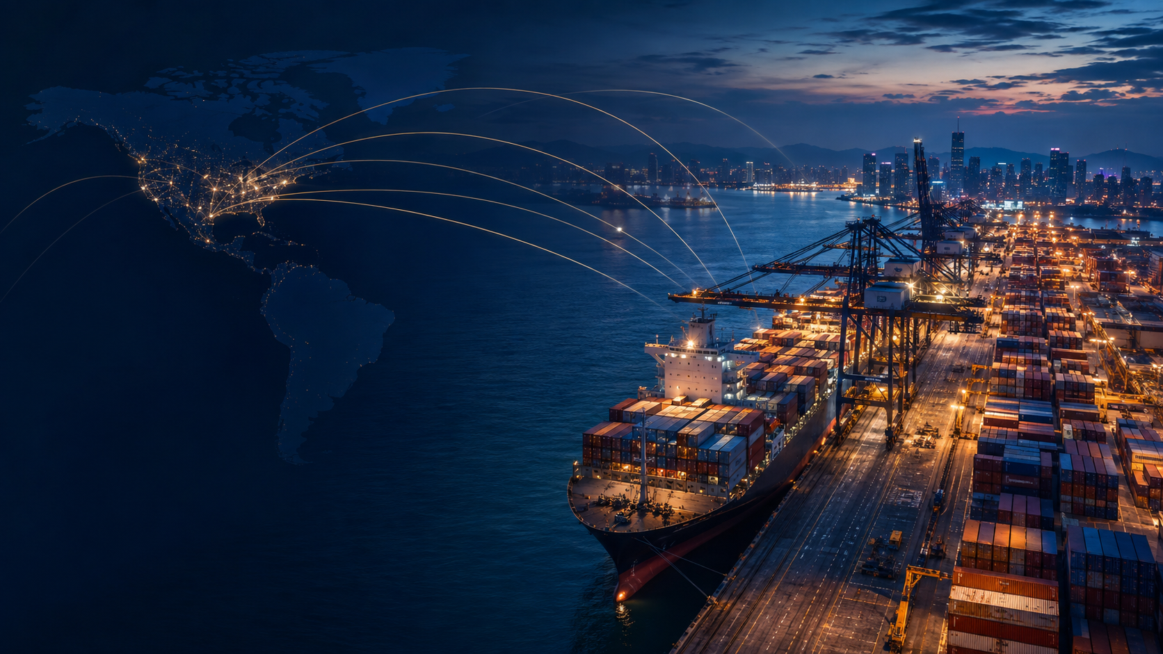 Global trade routes connecting North America and Asia above an international container port